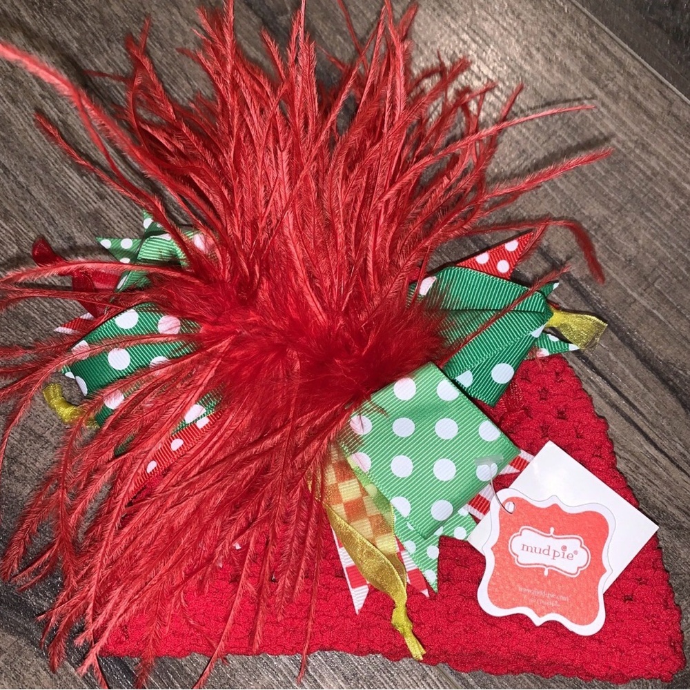 Mud Pie Red Feather baby hat with Green Polka Dot Ribbon